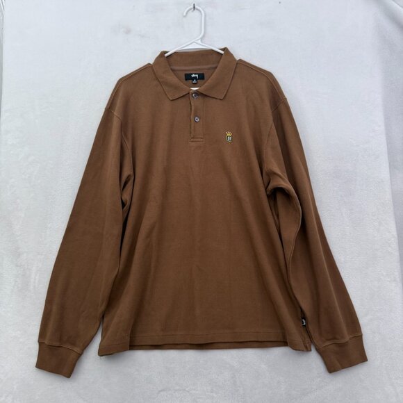 Stussy Polo Shirt Mens M Brown Long Sleeve Heavyweight Stretch Embroiderd Logo - Picture 1 of 9